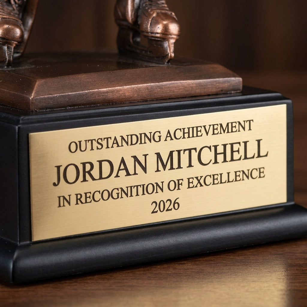 Close-up of the custom laser engraving on a personalized Hockey Player Resin Trophy resin award, showing crisp permanent personalization