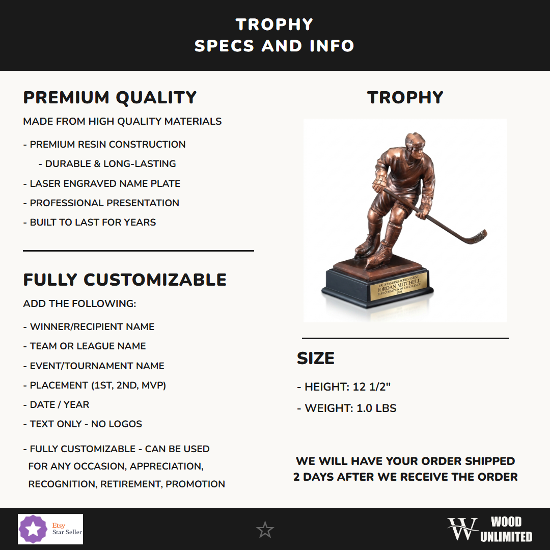 Specifications for the personalized Hockey Player Resin Trophy resin award — materials, engraving, and features