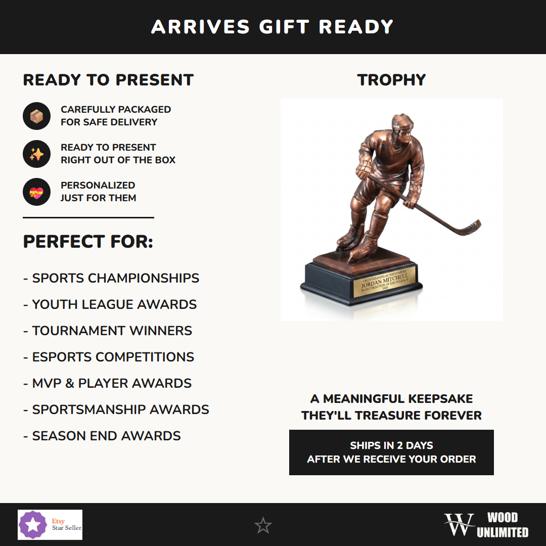 Gift-ready personalized Hockey Player Resin Trophy resin award, perfect for ceremonies, retirements, and corporate recognition