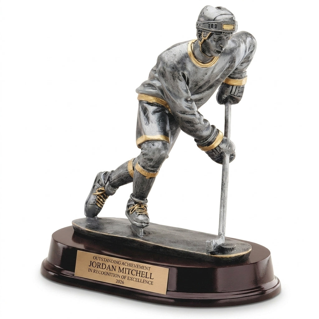 Personalized Ice Hockey Forward Resin Trophy resin award, custom laser engraved recognition award on a clean white studio background