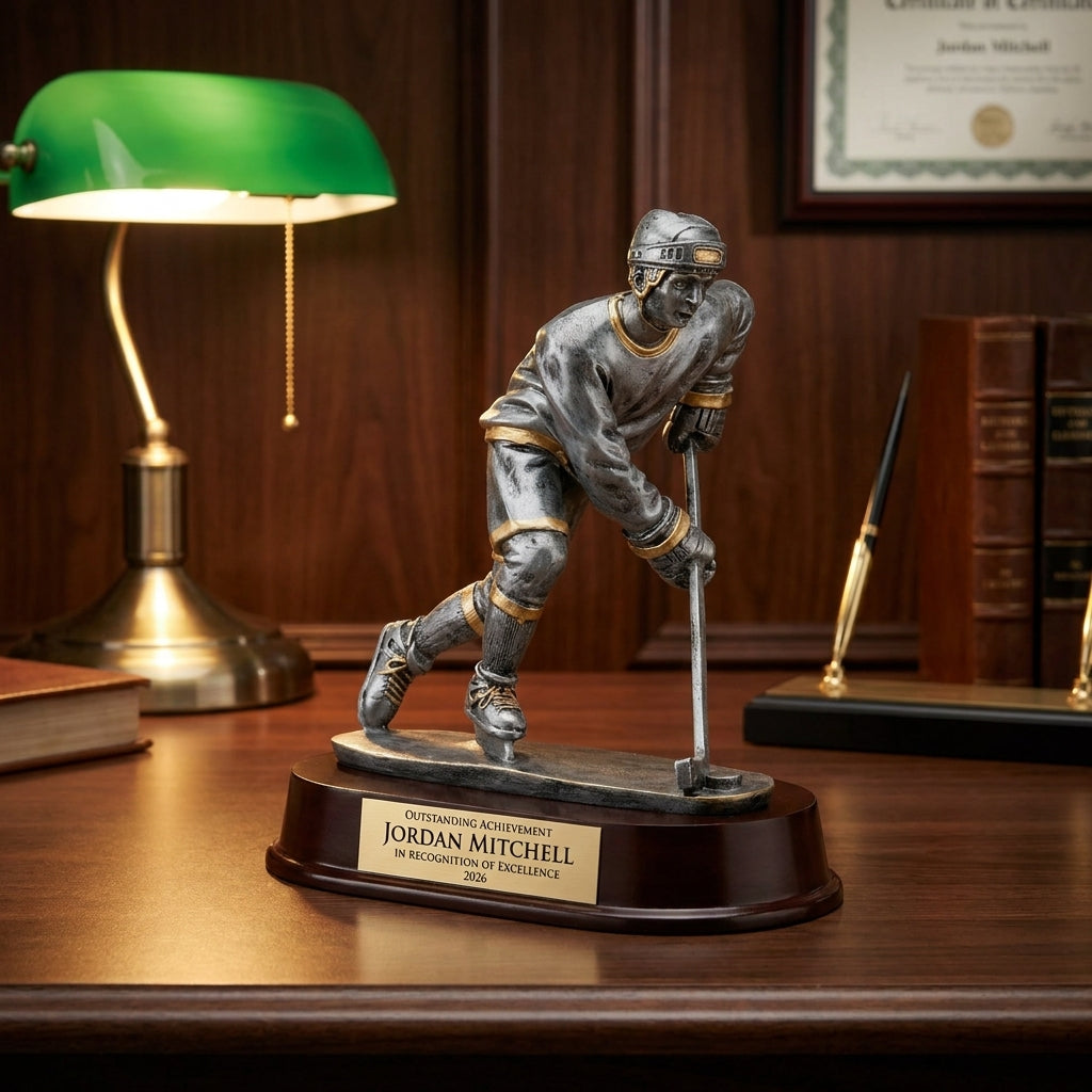 Personalized Ice Hockey Forward Resin Trophy resin award on a warm executive desk with a green banker's lamp, engraved corporate recognition and retirement gift
