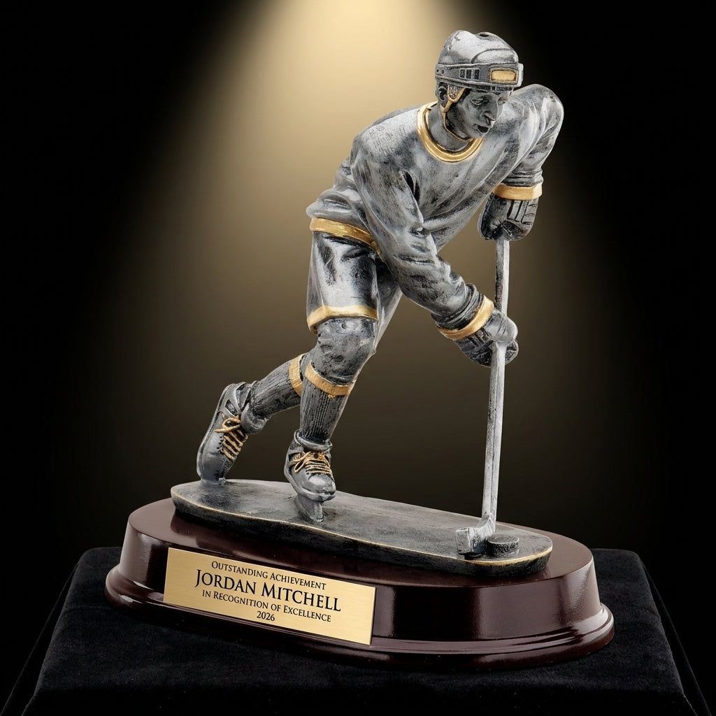 Personalized Ice Hockey Forward Resin Trophy resin award on black velvet under awards-ceremony spotlight, engraved champion and lifetime achievement award