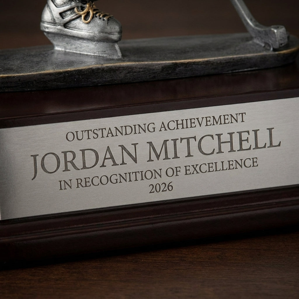 Close-up of the custom laser engraving on a personalized Ice Hockey Forward Resin Trophy resin award, showing crisp permanent personalization