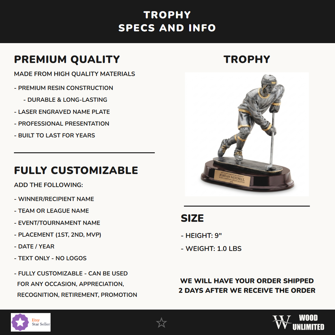 Specifications for the personalized Ice Hockey Forward Resin Trophy resin award — materials, engraving, and features