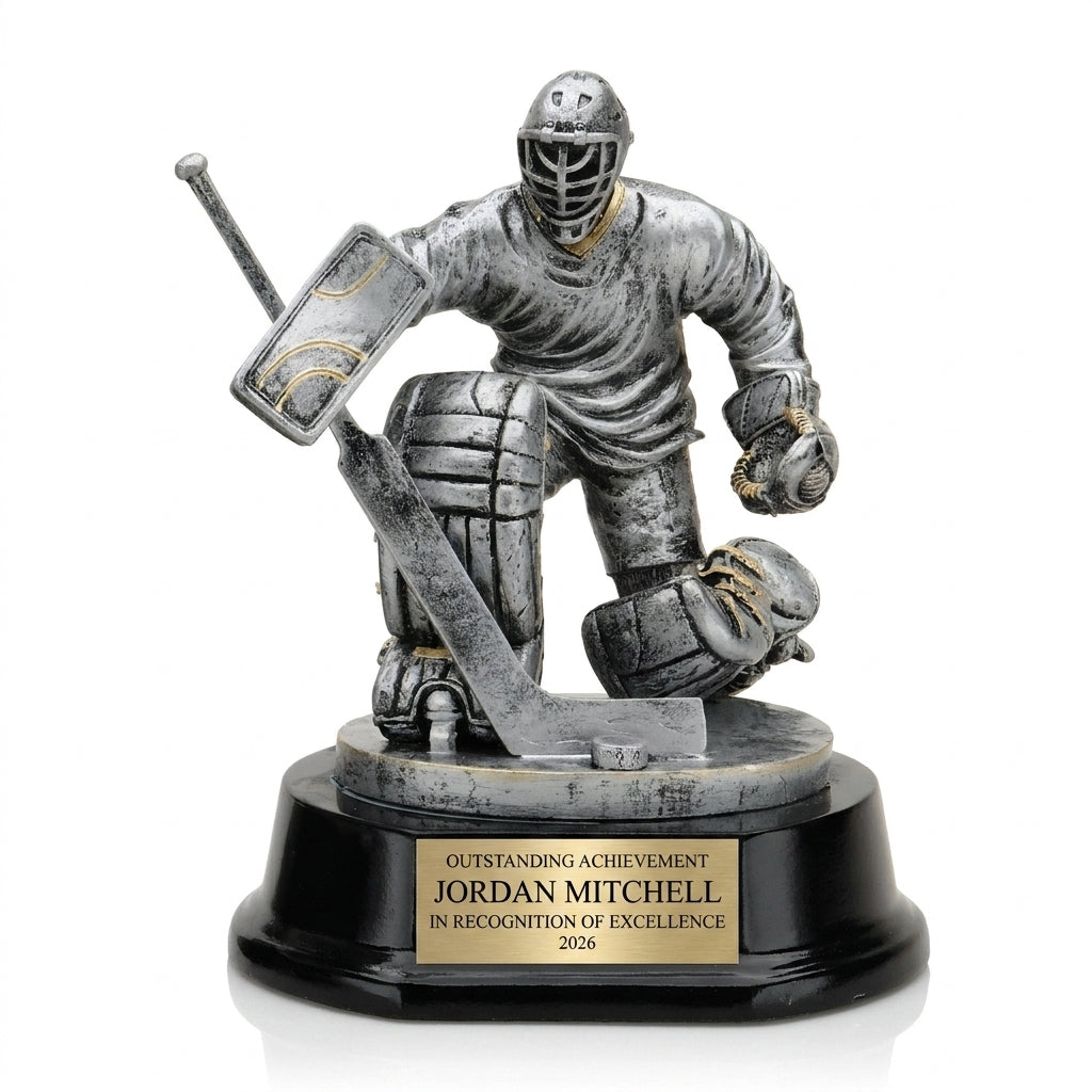 Personalized Ice Hockey Goalie Resin Trophy resin award, custom laser engraved recognition award on a clean white studio background