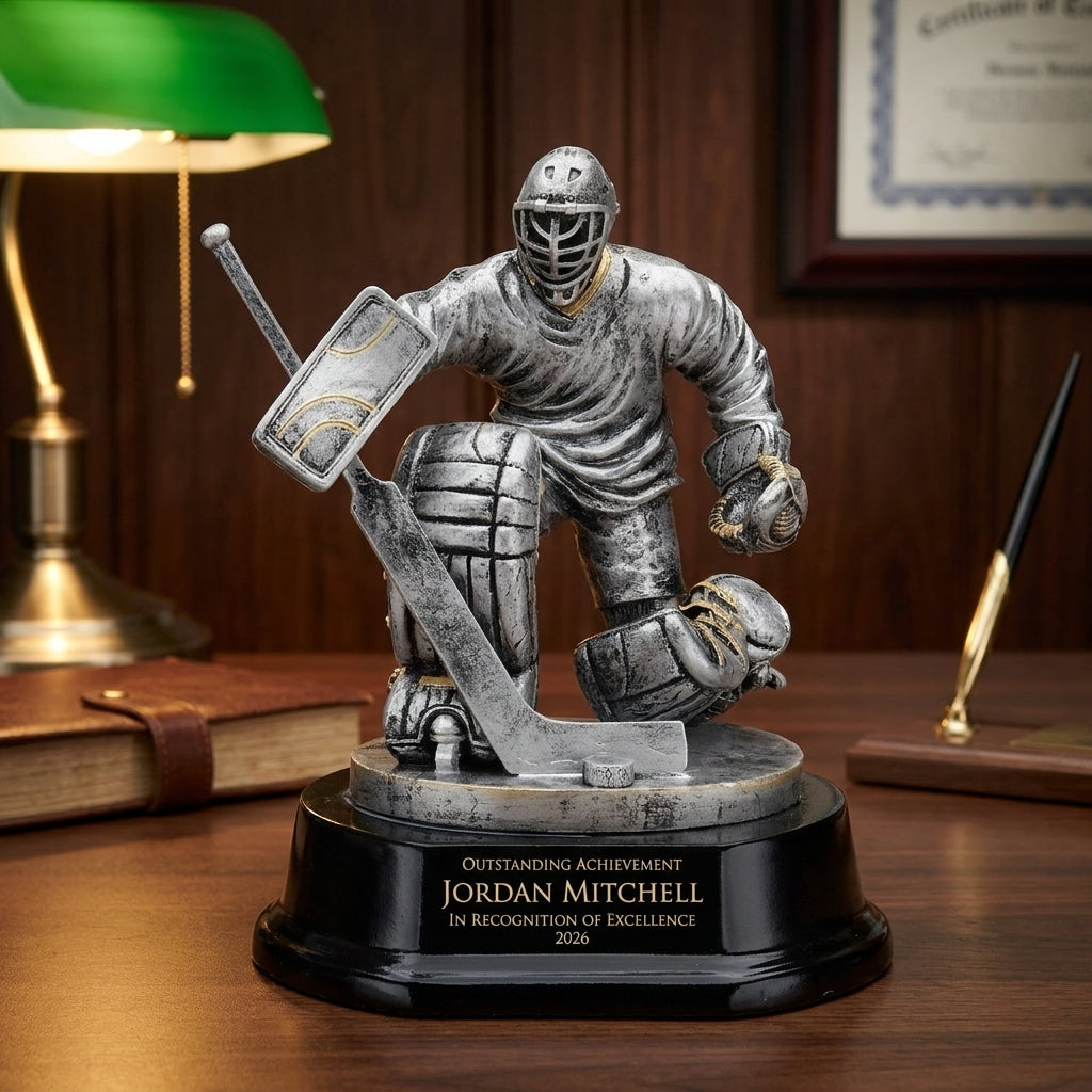 Personalized Ice Hockey Goalie Resin Trophy resin award on a warm executive desk with a green banker's lamp, engraved corporate recognition and retirement gift