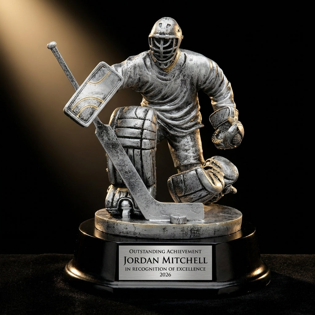 Personalized Ice Hockey Goalie Resin Trophy resin award on black velvet under awards-ceremony spotlight, engraved champion and lifetime achievement award