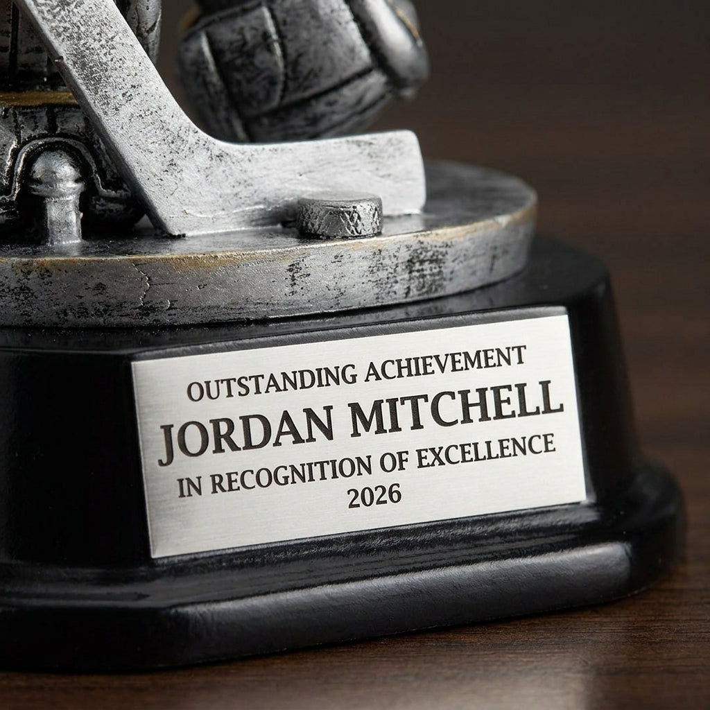 Close-up of the custom laser engraving on a personalized Ice Hockey Goalie Resin Trophy resin award, showing crisp permanent personalization