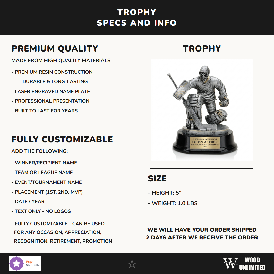 Specifications for the personalized Ice Hockey Goalie Resin Trophy resin award — materials, engraving, and features