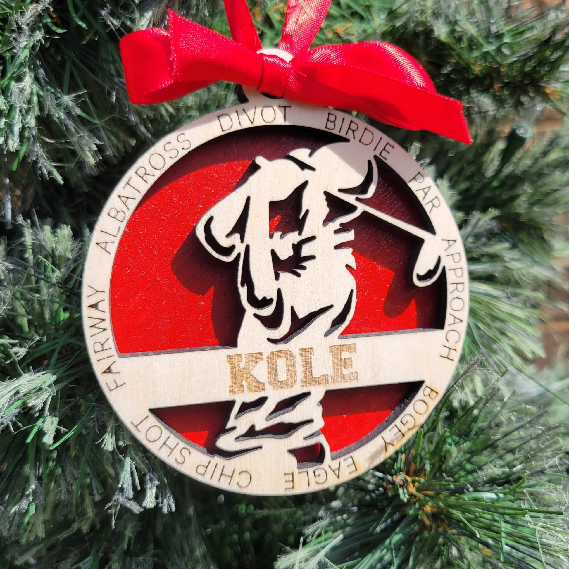 Decorative ornament with a red ribbon on a Christmas tree, golfer ornament, personalized christmas ornament for golfer, golfing ornaments 