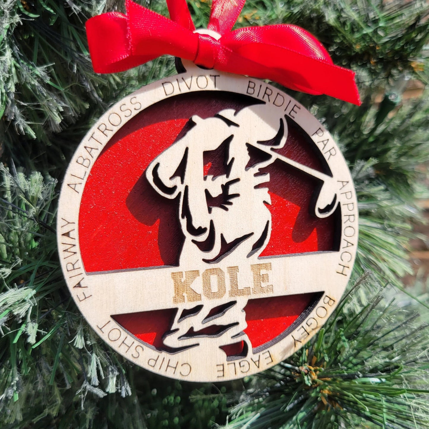 Decorative ornament with a red ribbon on a Christmas tree, golfer ornament, personalized christmas ornament for golfer, golfing ornaments 