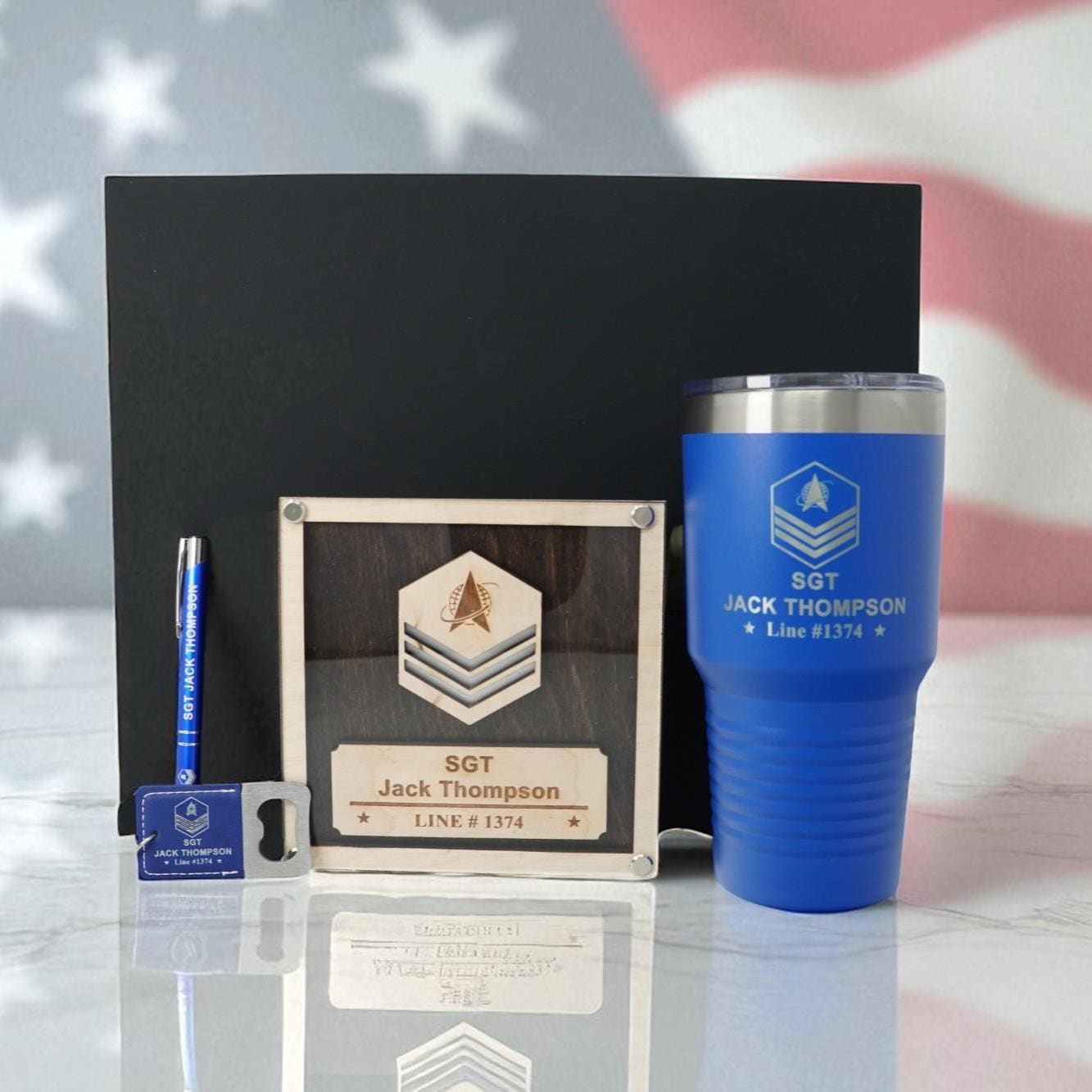 Space Force Promotion / PCS Gift Set – Custom USSF Guardian Plaque + 30oz Tumbler, Engraved Pen & Keychain, Presentation Gift Box
