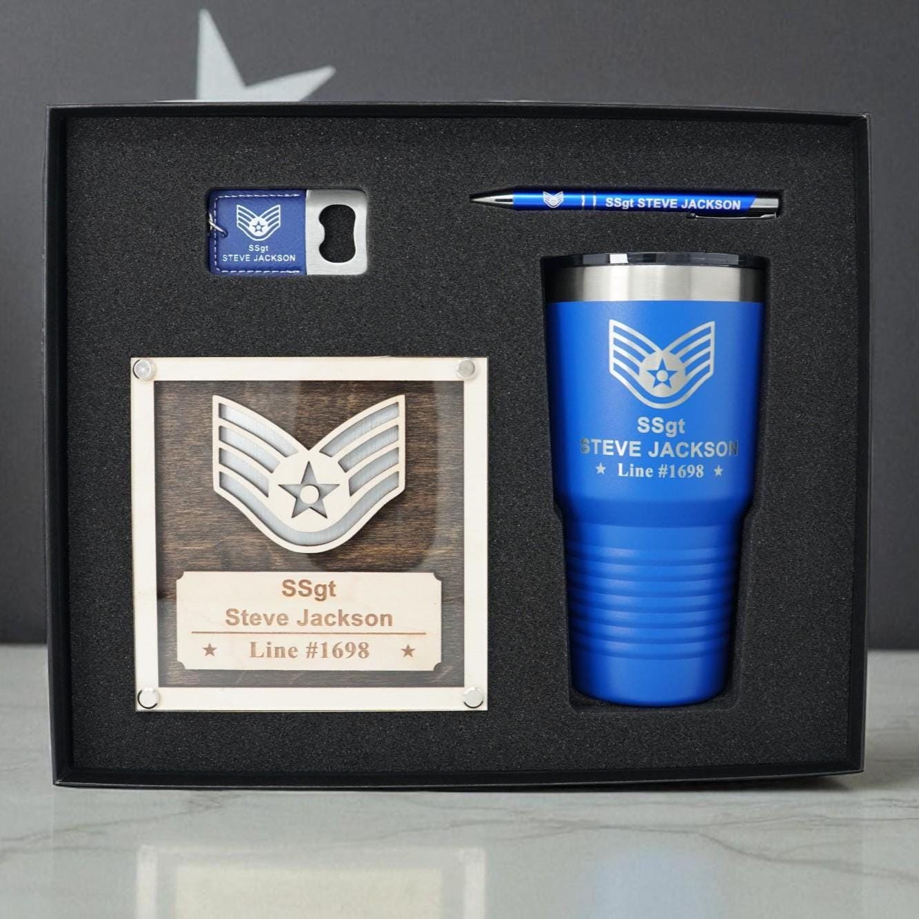 Air Force Promotion / PCS Gift Set – Personalized USAF Plaque + 30oz Tumbler, Engraved Pen & Keychain, Custom Gift Box
