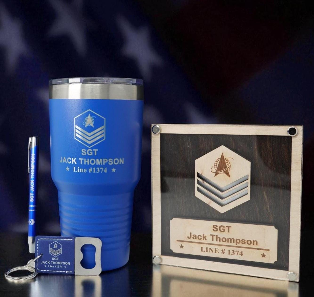 Space Force Promotion / PCS Gift Set – Personalized USSF Guardian Plaque + 30oz Tumbler, Engraved Pen & Keychain, Custom Gift Box Guardian