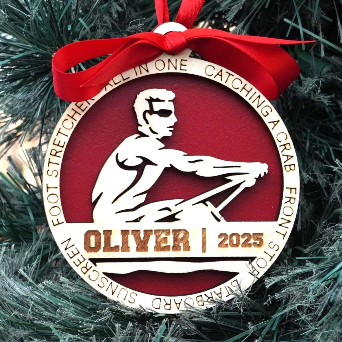 Decorative Christmas ornament with a red ribbon on a tree, Decorative ornament with a red ribbon on a Christmas tree, christmas gift for rower, christmas ornament for rowing team, rowing team gift, christmas rowing gift