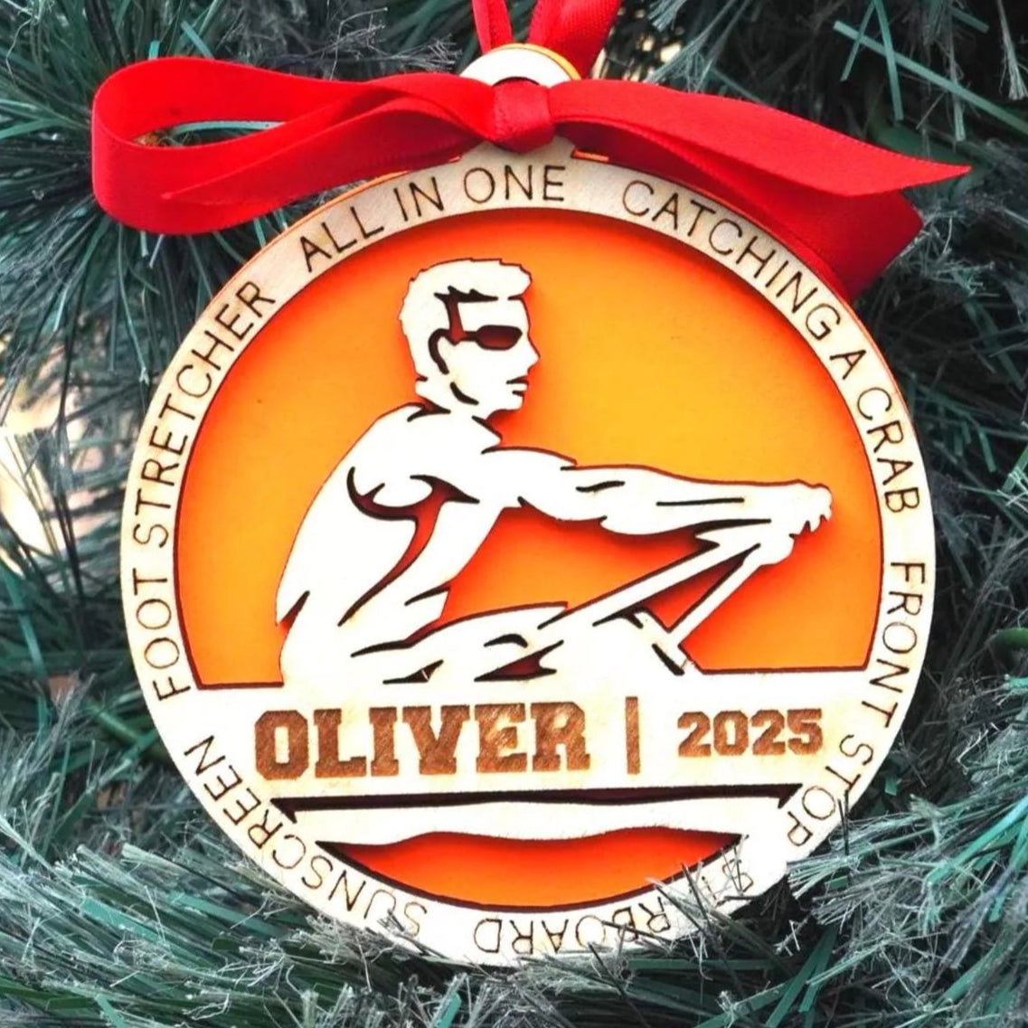Christmas ornament with a red ribbon on a green tree Decorative ornament with a red ribbon on a Christmas tree, christmas gift for rower, christmas ornament for rowing team, rowing team gift, christmas rowing gift