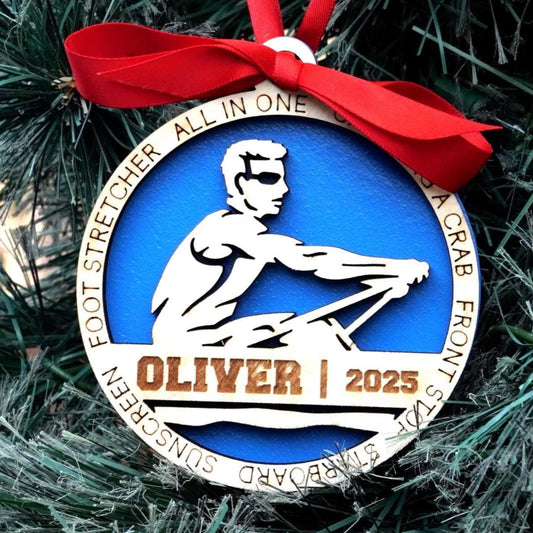 Decorative ornament with a red ribbon on a Christmas tree, christmas gift for rower, christmas ornament for rowing team, rowing team gift, christmas rowing gift
