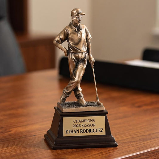 Personalized Male Golf Trophy 9"/13"/13"/13.25"/15" - Custom Engraved RSN AWRD for Team, Coach & MVP Awards — view 2