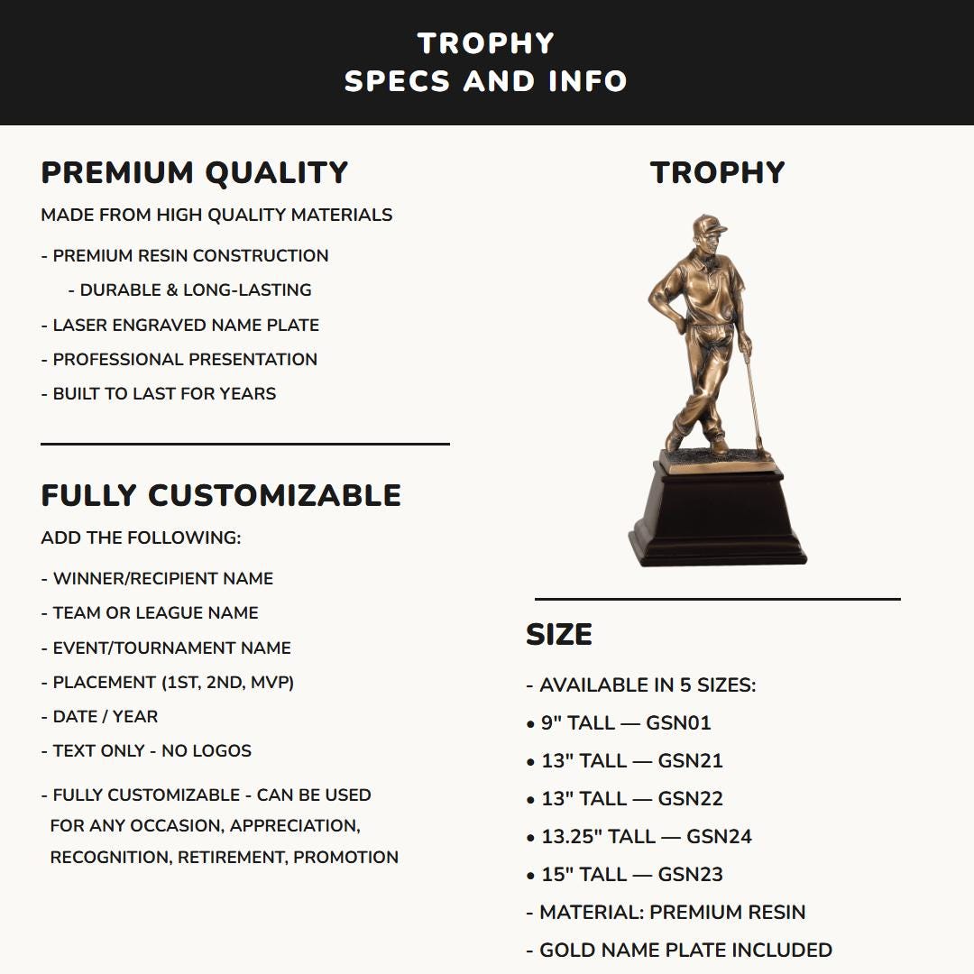 Male Golf Trophy specifications and sizes