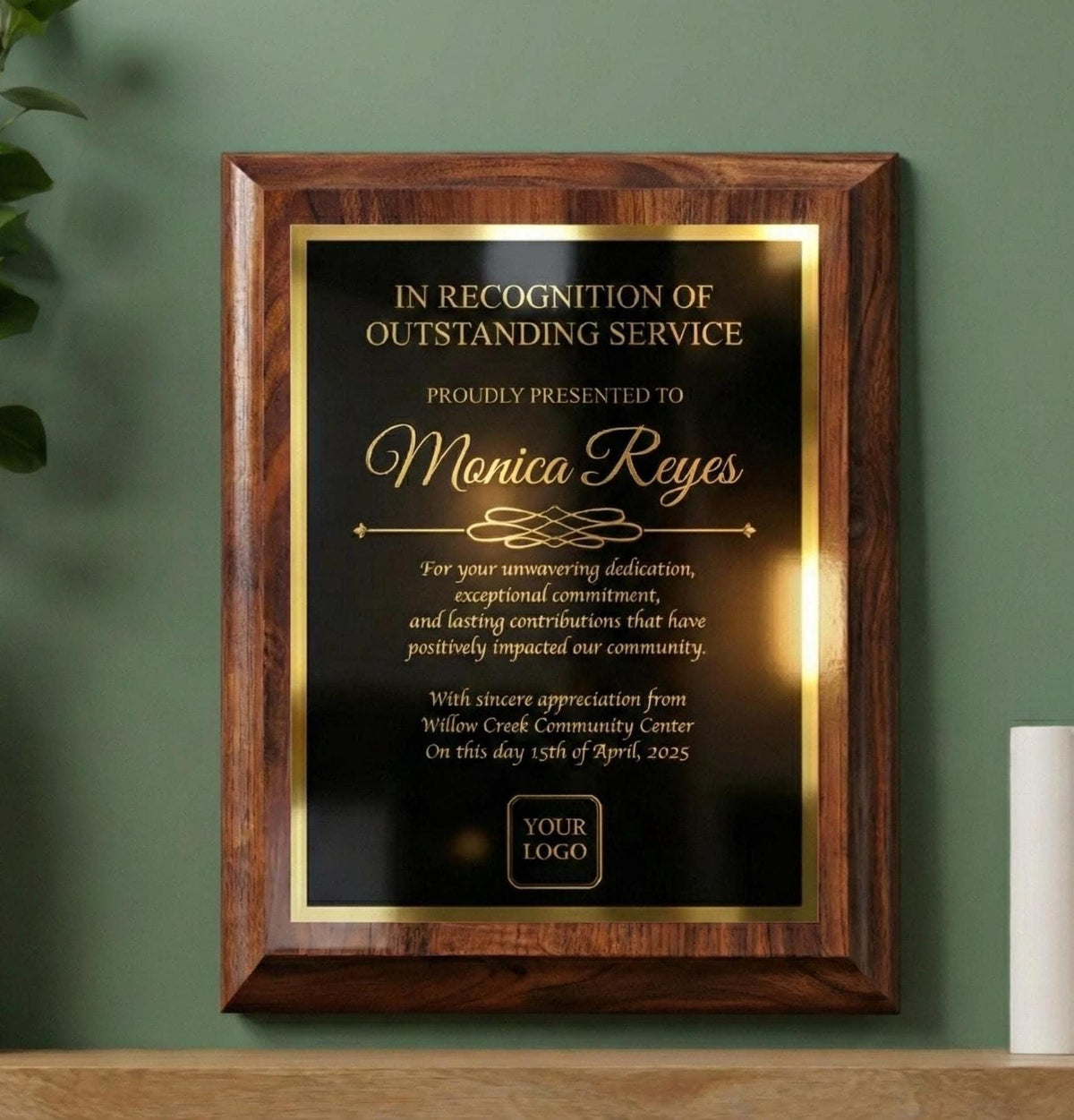 Personalized cherry finish award plaque mounted on a wall, black engraved plate with gold trim, for service awards, employee recognition and appreciation gifts