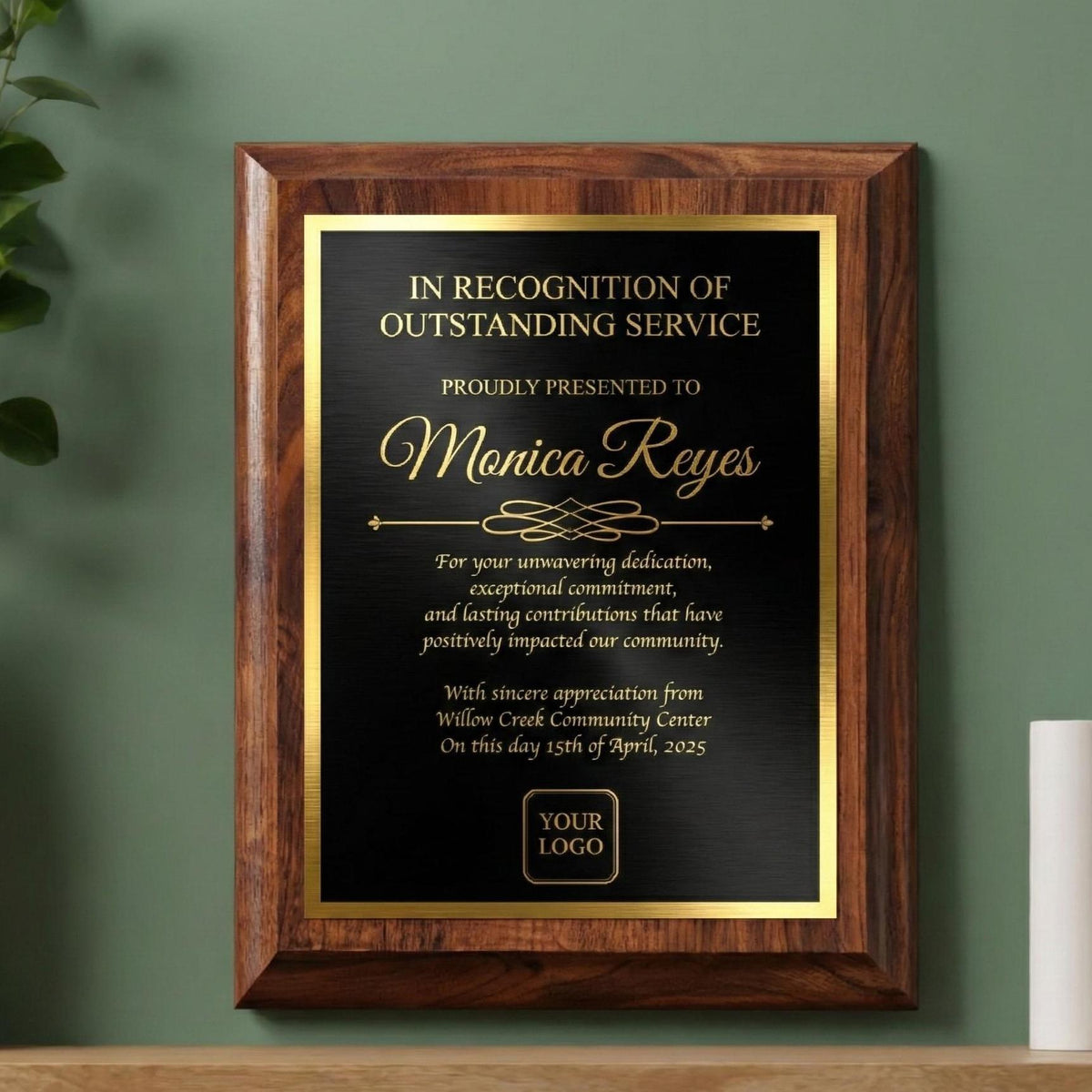 Customizable cherry finish recognition plaque with black and gold engraved plate showing a personalized name, dedication message, date and optional logo