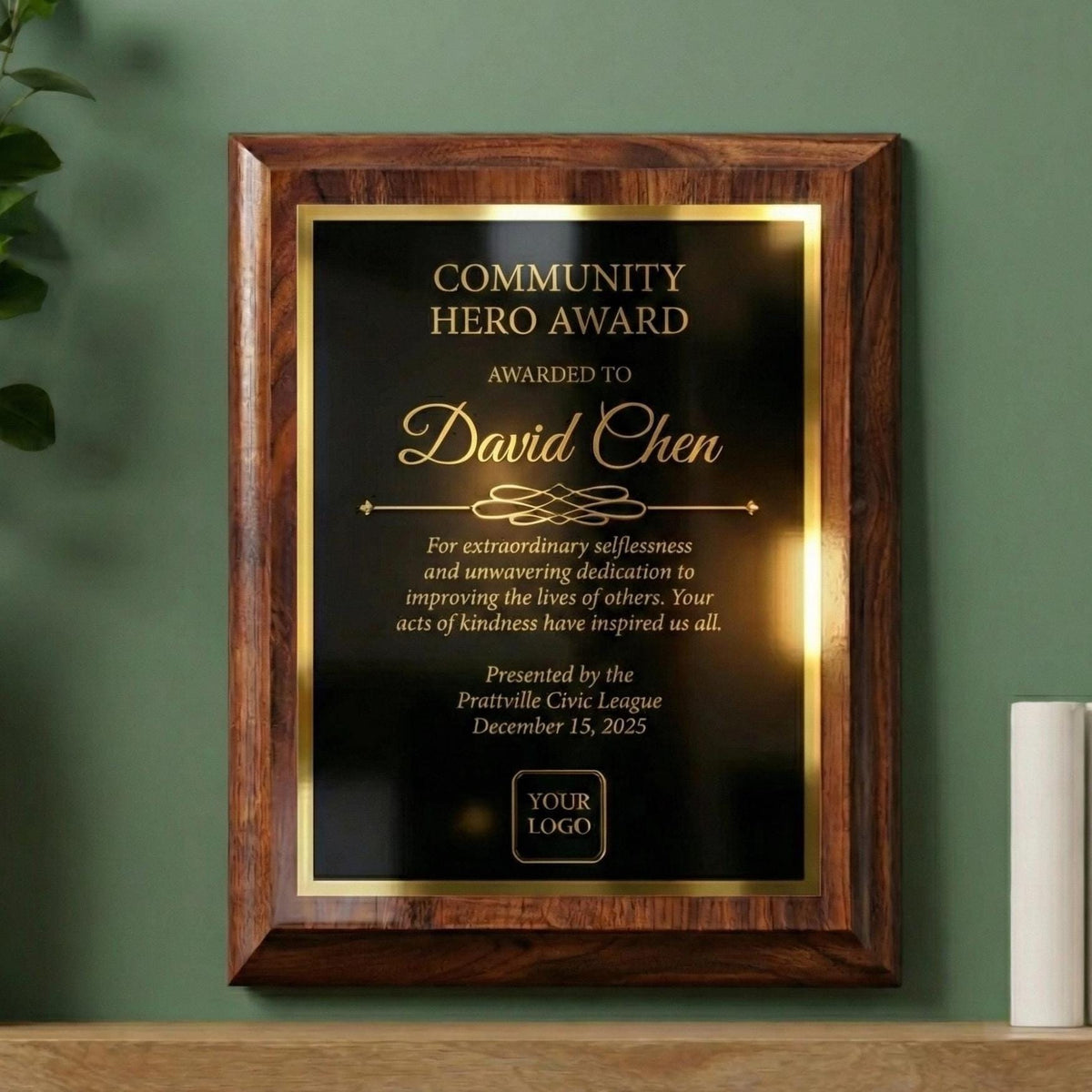 Personalized cherry finish award plaque example, Community Hero Award engraved with a custom name and dedication