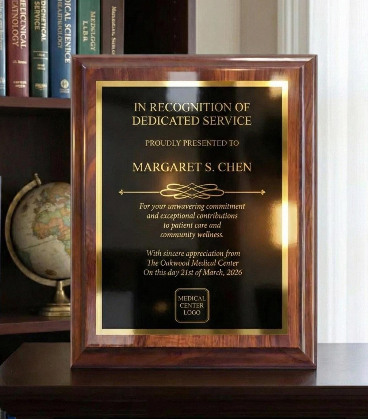 Cherry finish award plaque example, In Recognition of Dedicated Service, with custom recipient name and message