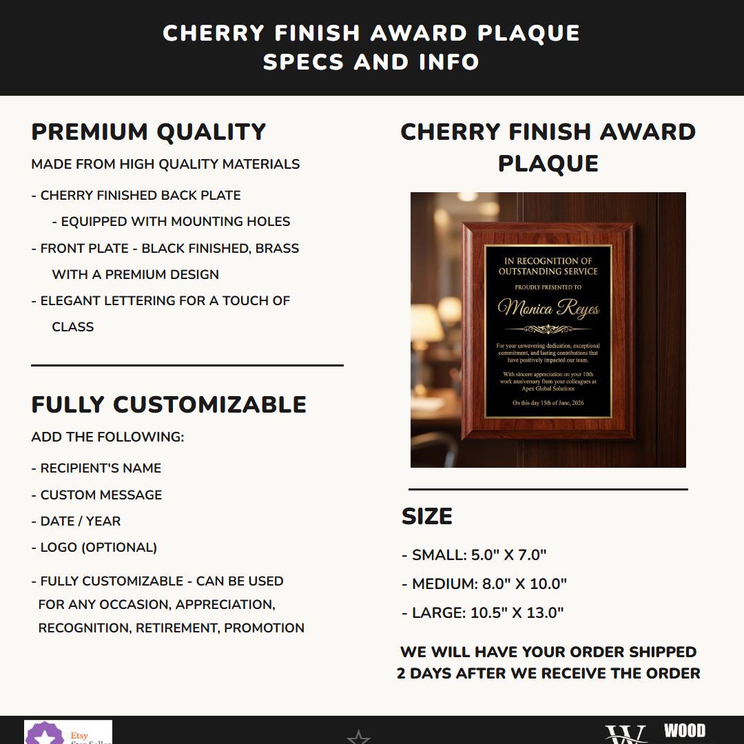 Cherry finish award plaque specs: premium quality, three sizes (5x7, 8x10, 10.5x13), fully customizable, ships in 2 business days after proof approval