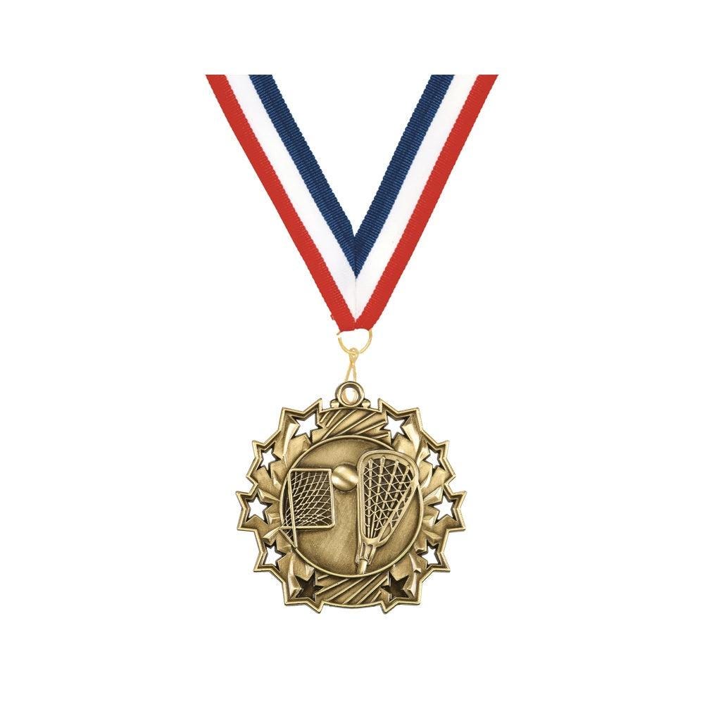 Lacrosse medal specifications showing size, material, ribbon colors, and engraving options