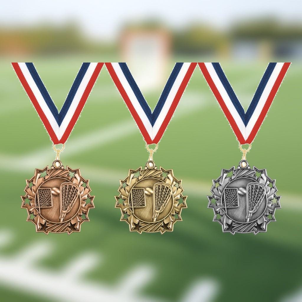 Personalized lacrosse medal in gold, silver, and bronze with custom engraved text and neck ribbon
