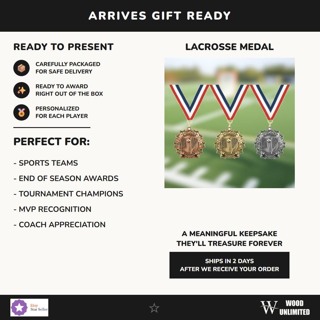 Close-up of custom engraved lacrosse medal showing personalized text and polished finish