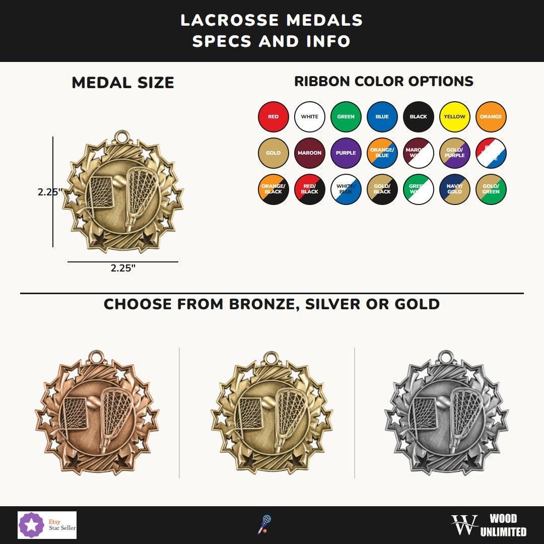 Set of lacrosse medal awards with colored neck ribbons for youth leagues, tournaments, and end-of-season recognition