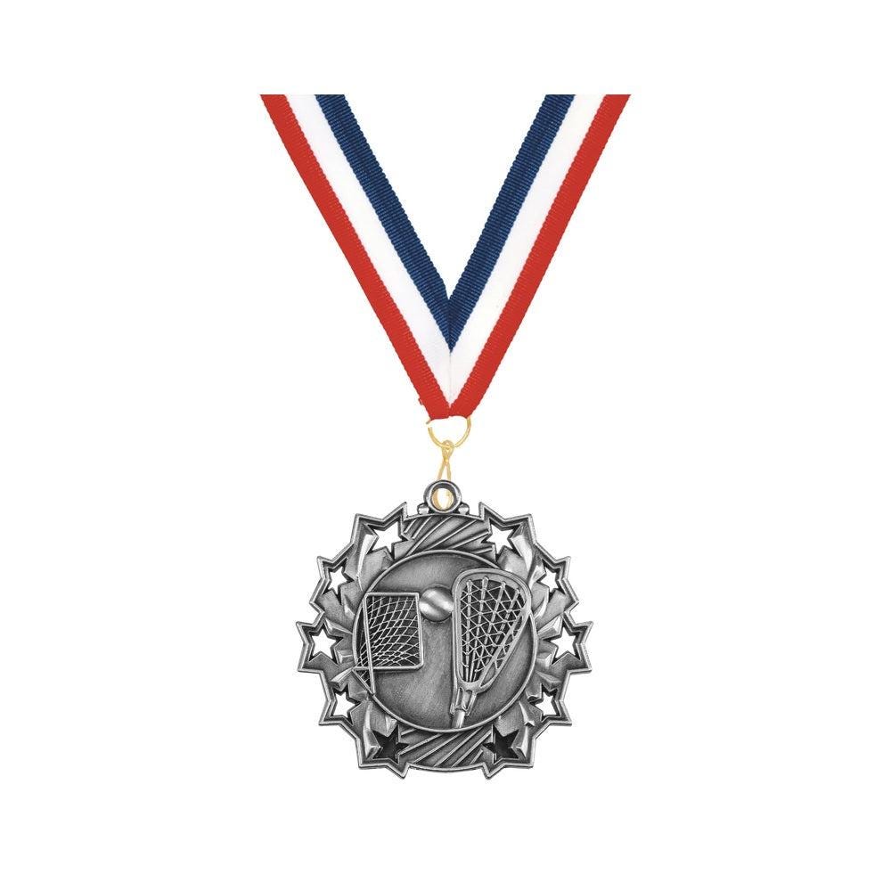 How to order personalized lacrosse medal: select medal, choose ribbon color, add custom text