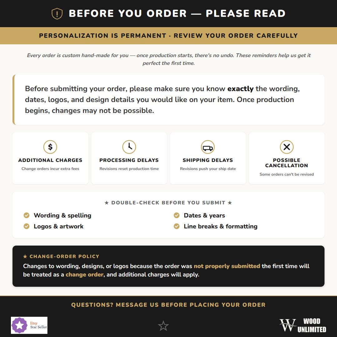 Before You Order — Please Review Personalization Carefully | Wood Unlimited