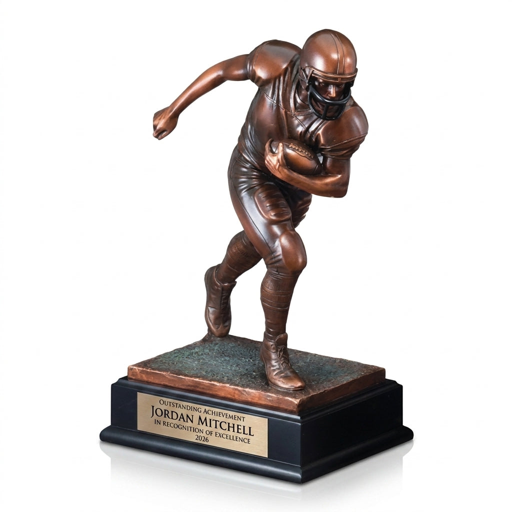 Personalized Large Football Player Resin Trophy resin award, custom laser engraved recognition award on a clean white studio background