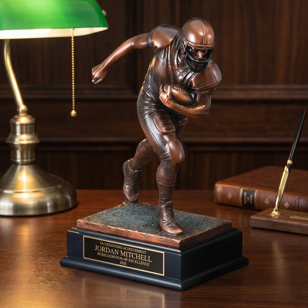Personalized Large Football Player Resin Trophy resin award on a warm executive desk with a green banker's lamp, engraved corporate recognition and retirement gift