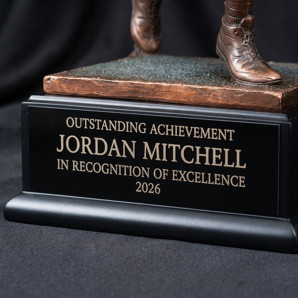 Close-up of the custom laser engraving on a personalized Large Football Player Resin Trophy resin award, showing crisp permanent personalization