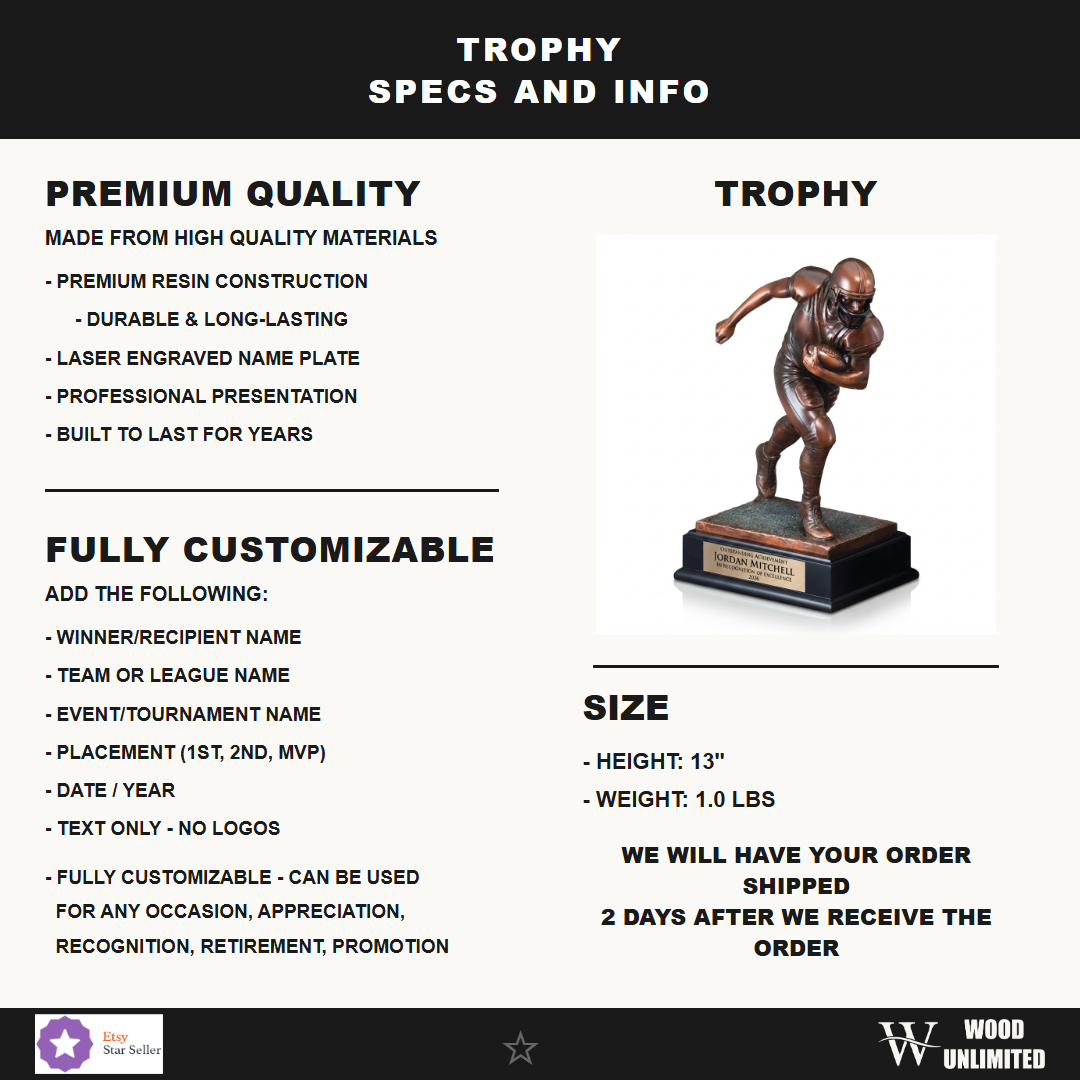 Specifications for the personalized Large Football Player Resin Trophy resin award — materials, engraving, and features