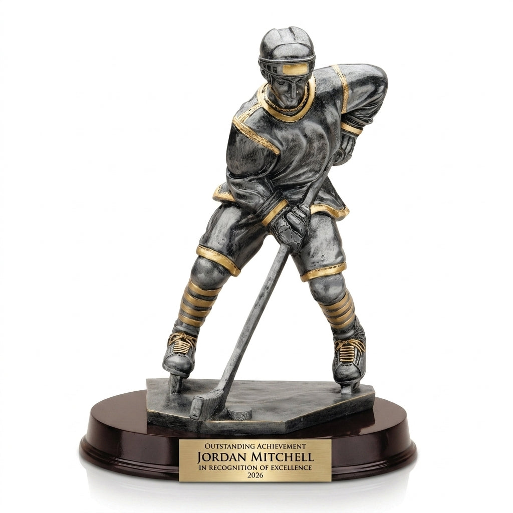 Personalized Large Ice Hockey Player Resin Trophy resin award, custom laser engraved recognition award on a clean white studio background