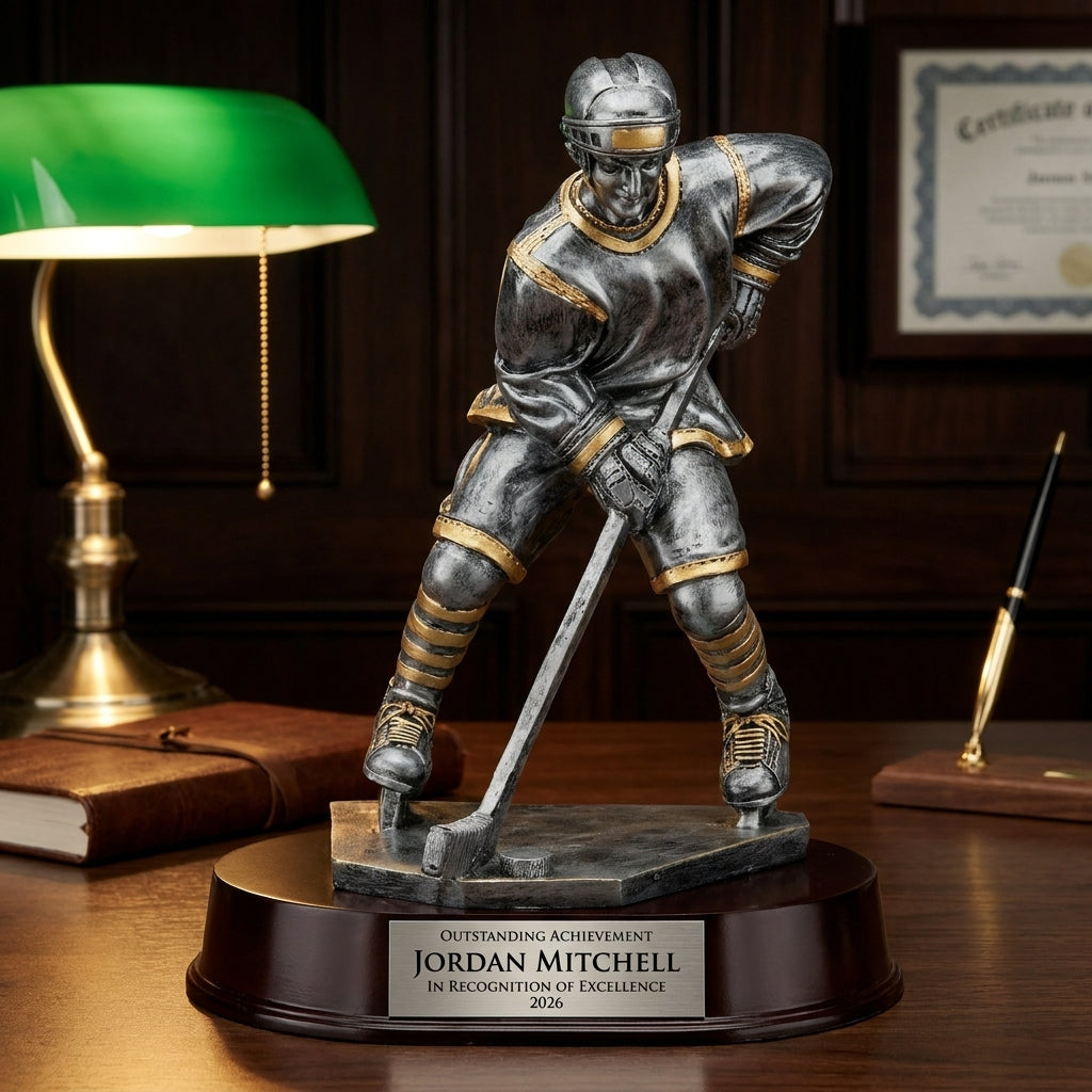 Personalized Large Ice Hockey Player Resin Trophy resin award on a warm executive desk with a green banker's lamp, engraved corporate recognition and retirement gift