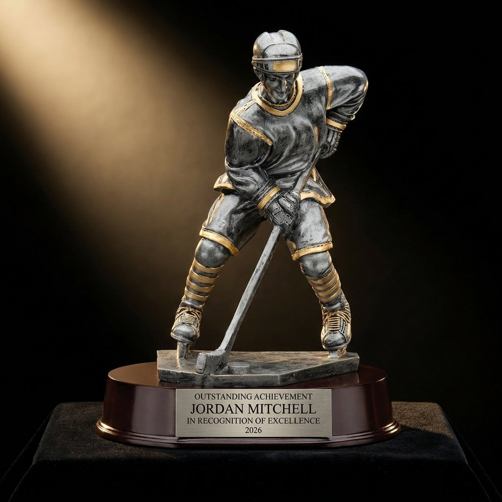 Personalized Large Ice Hockey Player Resin Trophy resin award on black velvet under awards-ceremony spotlight, engraved champion and lifetime achievement award
