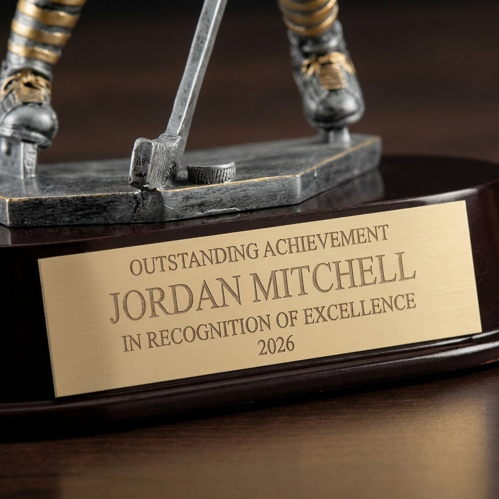 Close-up of the custom laser engraving on a personalized Large Ice Hockey Player Resin Trophy resin award, showing crisp permanent personalization