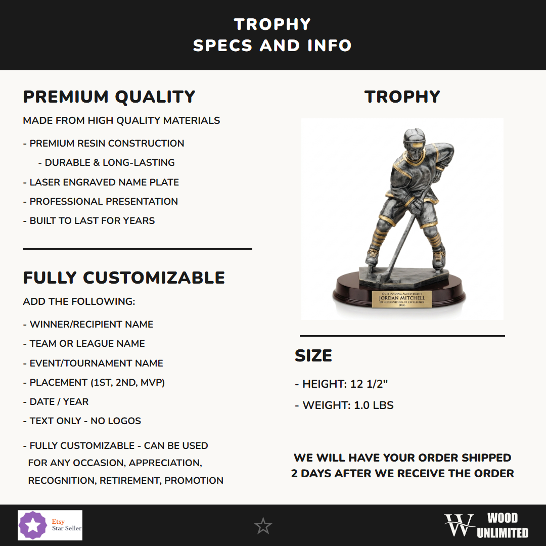 Specifications for the personalized Large Ice Hockey Player Resin Trophy resin award — materials, engraving, and features