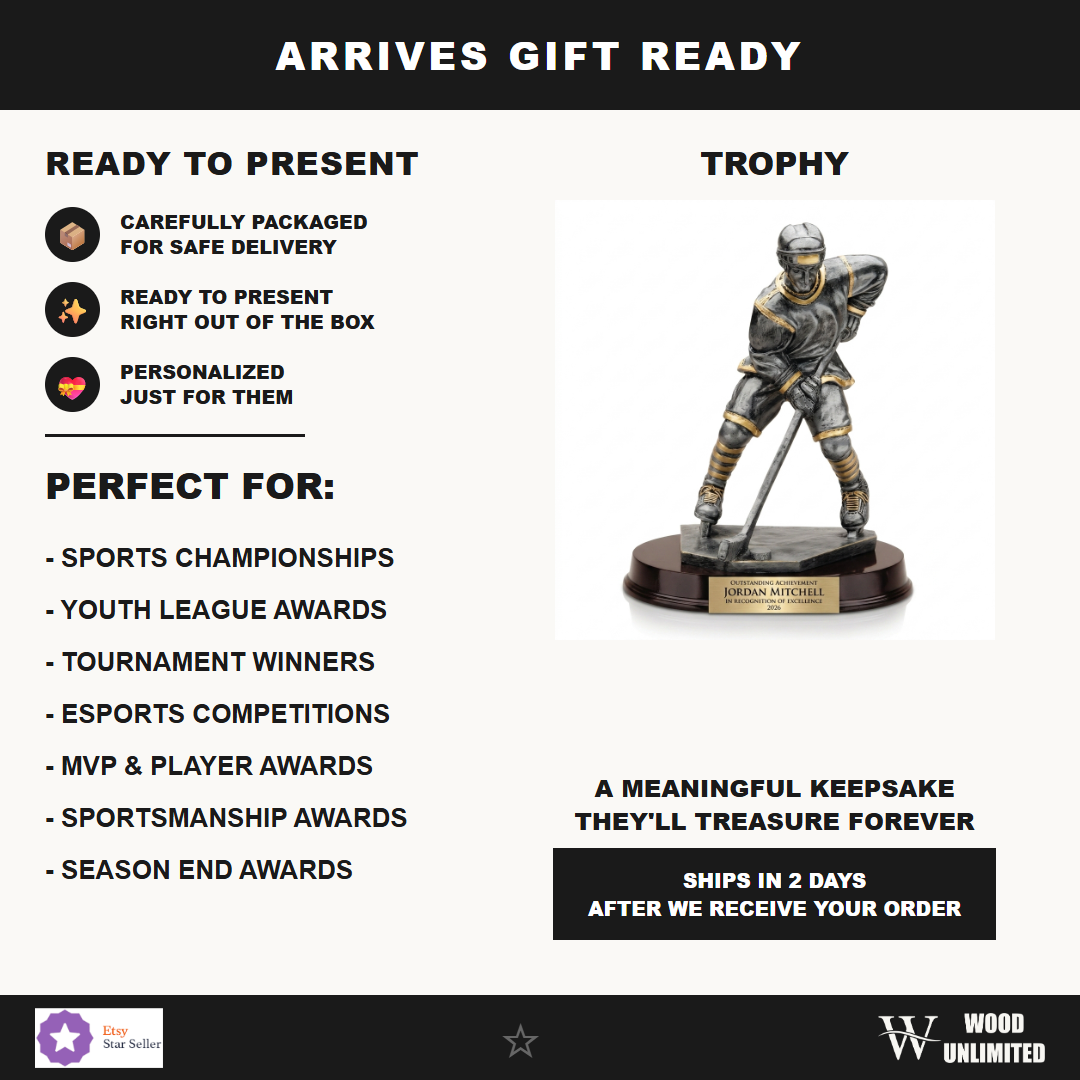 Gift-ready personalized Large Ice Hockey Player Resin Trophy resin award, perfect for ceremonies, retirements, and corporate recognition