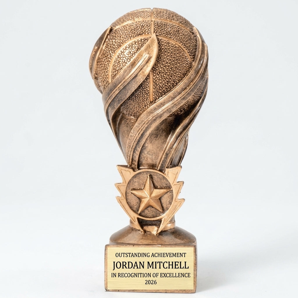Personalized Laurel Swirl Basketball Resin Award resin award, custom laser engraved recognition award on a clean white studio background