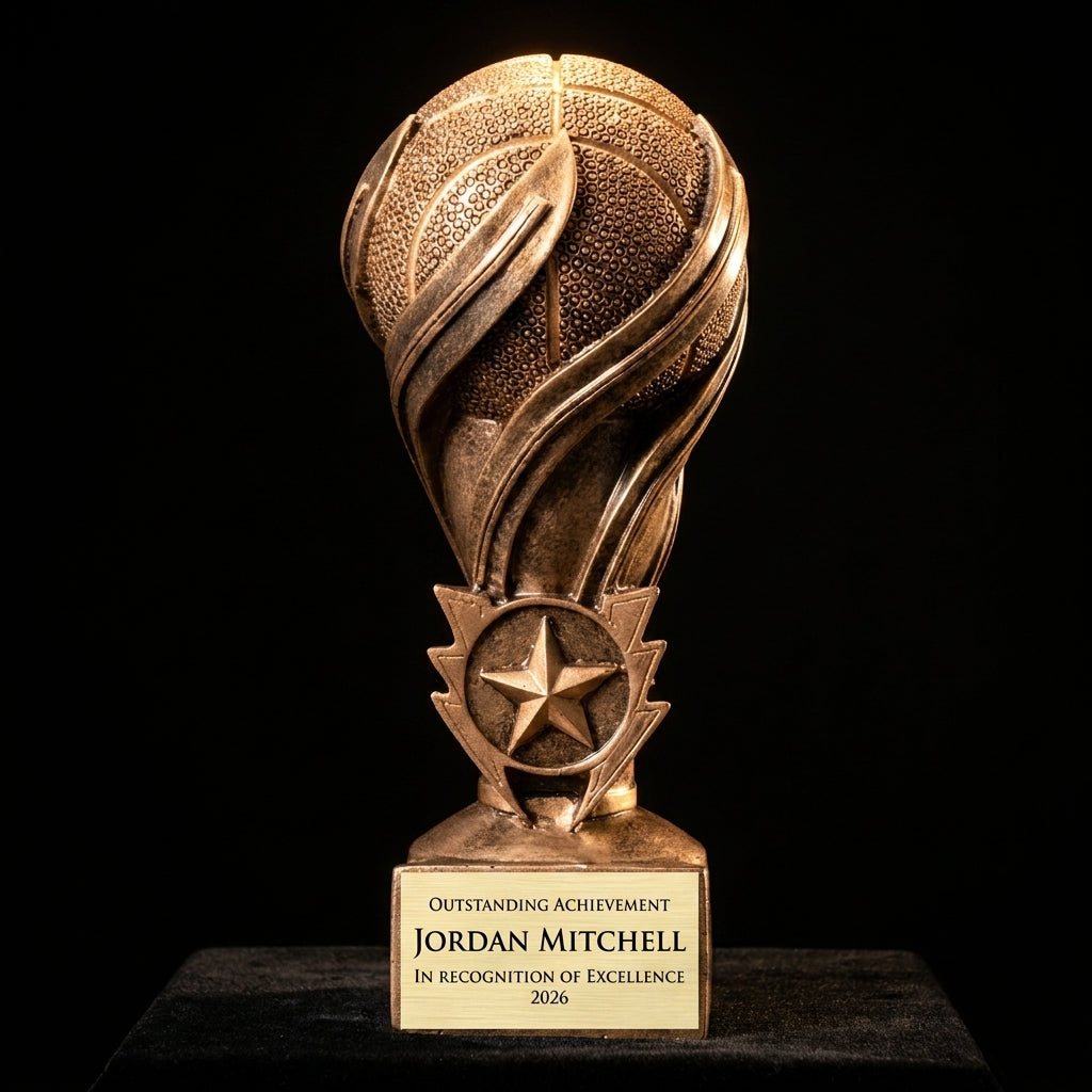 Personalized Laurel Swirl Basketball Resin Award resin award on black velvet under awards-ceremony spotlight, engraved champion and lifetime achievement award