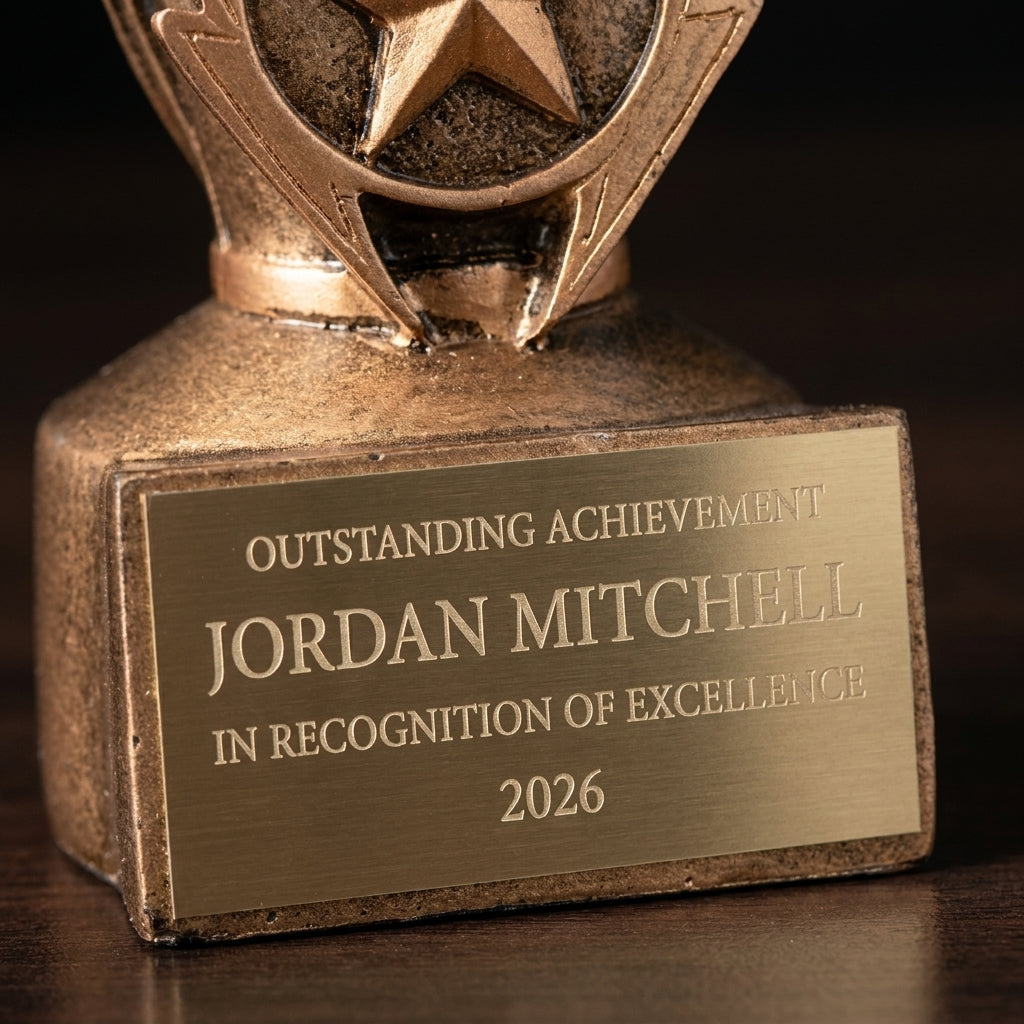 Close-up of the custom laser engraving on a personalized Laurel Swirl Basketball Resin Award resin award, showing crisp permanent personalization