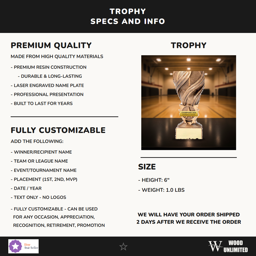 Specifications for the personalized Laurel Swirl Basketball Resin Award resin award — materials, engraving, and features