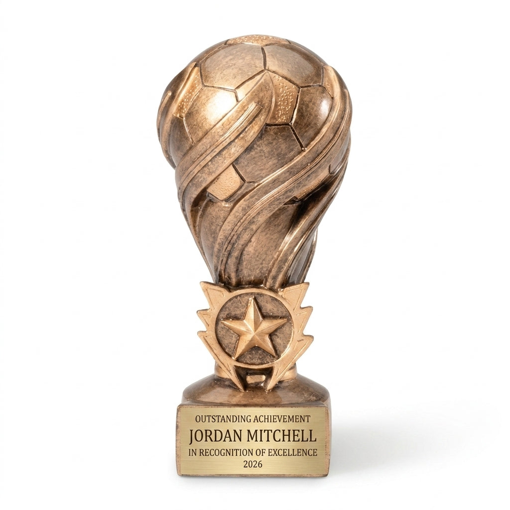 Personalized Laurel Swirl Soccer Resin Award resin award, custom laser engraved recognition award on a clean white studio background