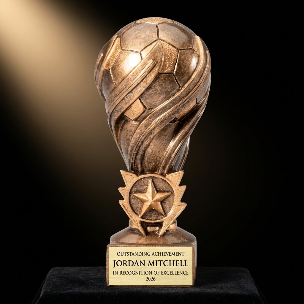 Personalized Laurel Swirl Soccer Resin Award resin award on black velvet under awards-ceremony spotlight, engraved champion and lifetime achievement award